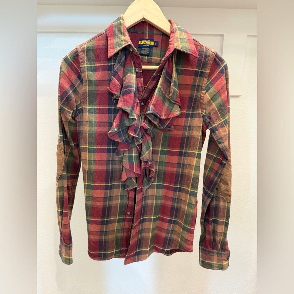 Ralph Lauren Rugby Plaid Ruffle Tie Neck Shirt Suede Elbow Patch Preppy Size 0